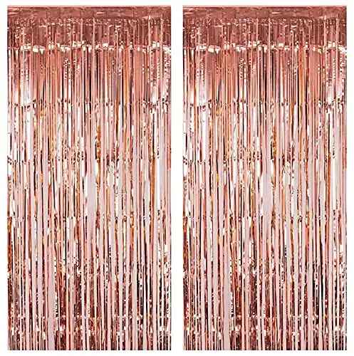 FECEDY 2pcs 3ft x 8.3ft Rose Gold Metallic Tinsel Foil Fringe Curtains Photo Booth Props for Birthday Wedding Engagement Bridal Shower Baby Shower Bachelorette Holiday Celebration Party Decorations