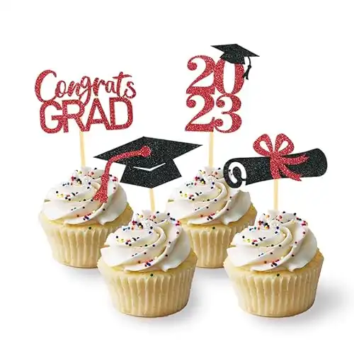 24Pcs Graduation Cupcake Toppers, Graduation Cupcake Picks for Cupcake Food Decorations - Class of 2023 Graduation Cupcake Toppers Supplies (Red)