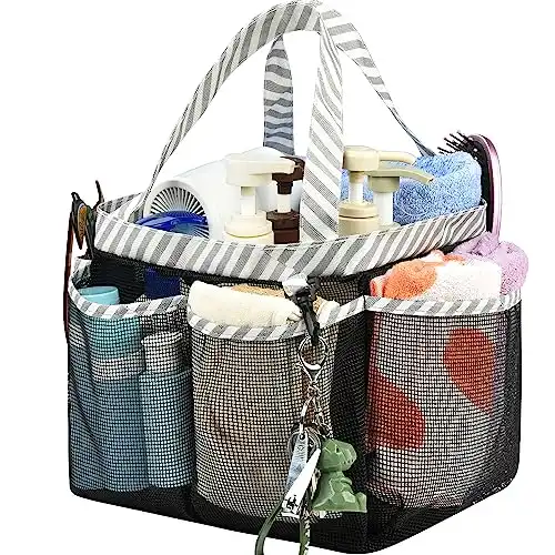 Haundry Mesh Shower Caddy Bag, Large College Dorm Bathroom Caddy Organizer with Key Hook and 2 Oxford Handles, 8 Basket Pockets, Portable Hanging Caddy Bag for Camping Gym