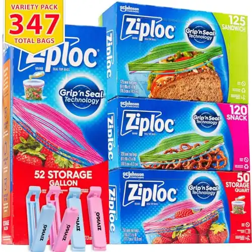 Ziploc-Bags, Variety Pack, (347 Bags Total) New Stay Open Design - 52 Storage Gallon Bags - 50 Storage Quart Bags - 120 Snack Bags - 125 Sandwich Bags, Bundled with 4 Reusable Bag Clips,
