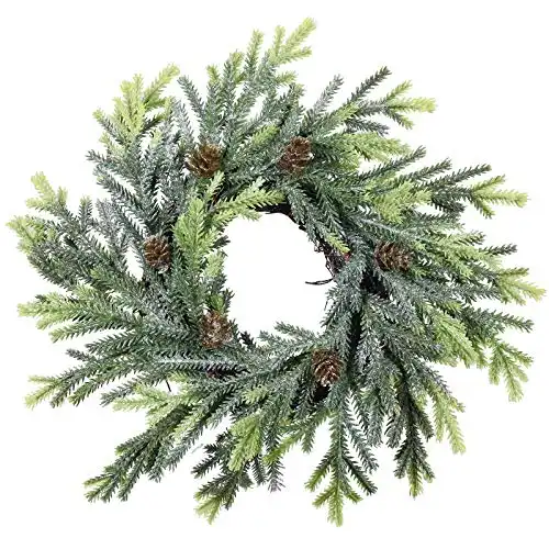 2 pcs Artificial Frosted Cedar and Pine Cone Candle Rings Christmas Candle Holder Rings Faux Cedar Twigs Wreath Mini Window Wreaths 11.8" Wide for Christmas Holiday Winter Season Decoration