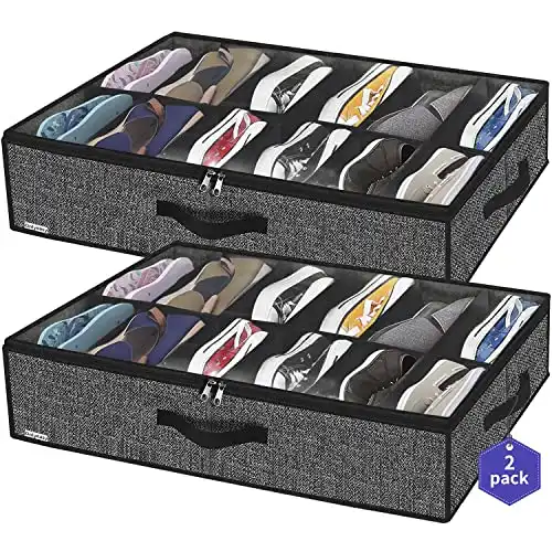 Onlyeasy Sturdy Under Bed Shoe Storage Organizer, Set of 2, Fits Total 24 Pairs, Underbed Shoes Closet Storage Solution with Clear Window, Breathable, 29.3"x23.6"x5.9", Linen-like Black...