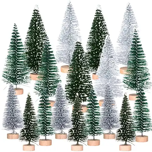 18Pcs Miniature Pine Trees Sisal Trees with Wood Base Christmas Tree Set Tabletop Trees for Miniature Scenes, Christmas Crafting and Designing, Mixed Size