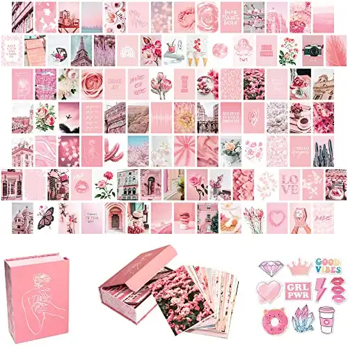 Artivo Pink Aesthetic Wall Collage Kit,100 Set 4x6 inch,Room Decor for Teen Girls,Pretty Blush Pink Wall Art Print,Dorm Photo Collection,Small Posters for Room Aesthetic