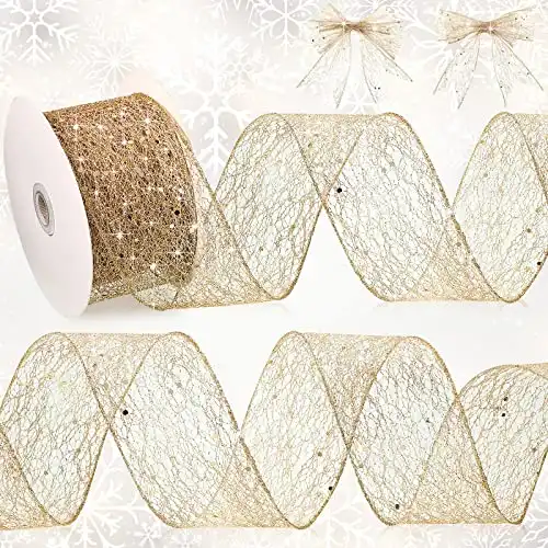 2.5 Inch x 20 Yards Mesh Glitter Ribbon Christmas Glitter Ribbon Sheer Metallic Mesh Ribbon for Home Party Gift Wrapping Wreath DIY Crafts Christmas Tree Decor (Gold)