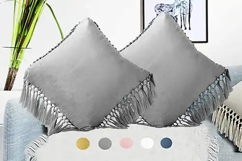 Meaning4 Velvet Decorative Throw Pillow Cases Cushion Covers with Tassels Fringe Soft Solid Square 18"x18" Pack of 2 Gray Grey for Christmas Couch Sofa Car Bed Daybed Chair