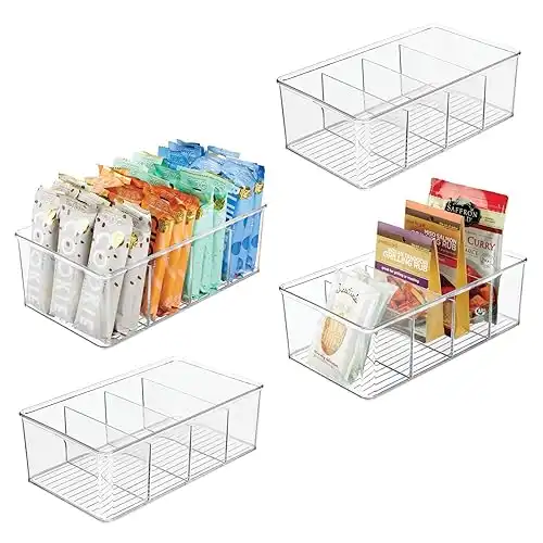 mDesign Plastic 4-Section Divided Organizer Bins - Storage for Cabinet, Pantry, Fridge or Home Organization - Holds Snacks, Granola Bars or Seasoning and Spice Packets, Ligne Collection, 4 Pack, Clear