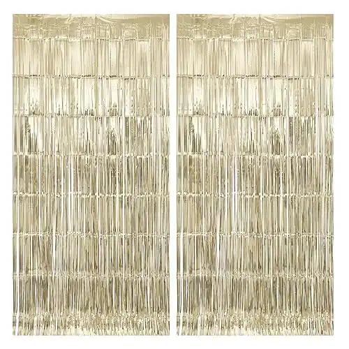 Stafih Foil Fringe Curtains 2PCS 8ft x 3ft Metallic Tinsel Photo Booth Backdrop for Wedding Birthday Bachelorette Christmas Party Decorations(Champagne)