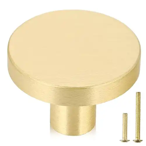 QOGRISUN 5-Pack Solid Brass Cabinet Knobs, 1-Inch Diameter, Round Gold Dresser Drawer Pulls Handles, Modern Kitchen Hardware, Brushed Brass Finish