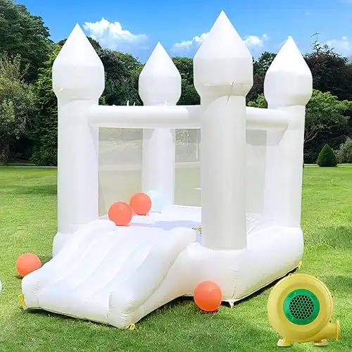 White Bounce House 1-6Y White Mini Bounce House Castle with Slide & Blower, 102 x 72 x 90 Inch Small White Bounce House Birthday Gift/Parties, (with Storage Bag & Floor Mat & Colorful Ball...