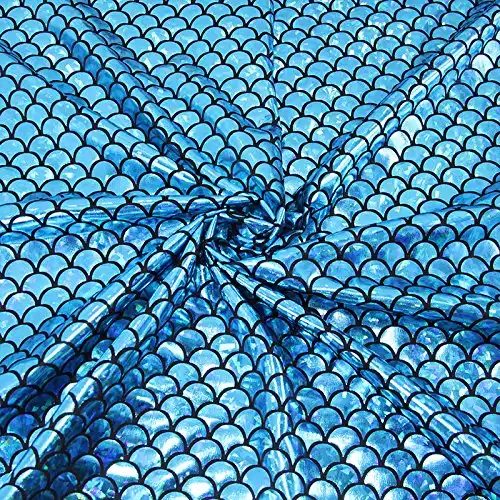 Mermaid Hologram Spandex Fabric Fish Scale Stretch Laser Knit Cloth 58" Wide Sold by The Yard (Blue)