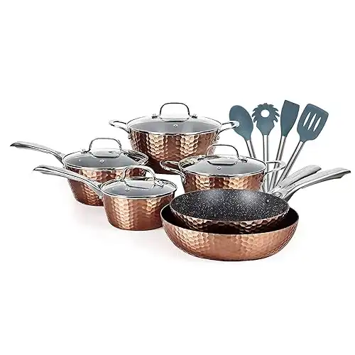FRUITEAM 14 pcs Cookwares, Pots and Pans Set Has a non-stick, durable and Anti-Scalding Surface New Version of Hammer Fryer, induction Dishwasher/Oven/Stovetop1