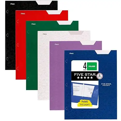 Five Star 4 Pocket Folders, 6 Pack, Paper Folders, Fits 3-Ring Binders, Holds 8-1/2" x 11" Paper, Writable Label, Black, Fire Red, Forest Green, Pacific Blue, White, Amethyst Purple (38058)