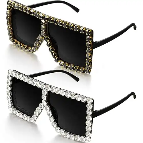 Weewooday 2 Pairs Oversize Square Crystal Sunglasses, Flat Top Oversized Sunglasses, Retro Thick Frame Bling Glasses