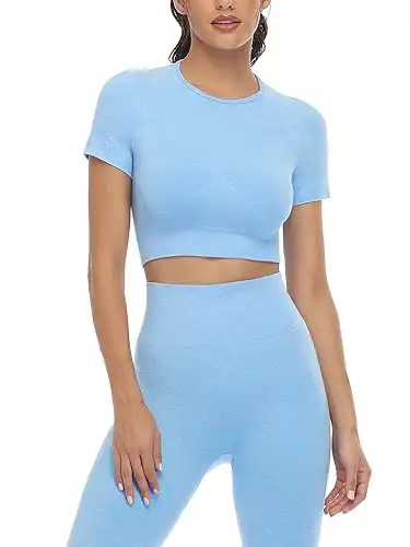 JOLLMONO 2 Piece Short Sleeve Outfits for Women Seamless Crop Tops Set for Women Workout Set