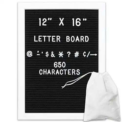 Black Felt Letter Board with 650 Letters, Numbers & Symbols - 12x16 Inch Changeable Message Board with White Frame, Plus Free Letter Bag