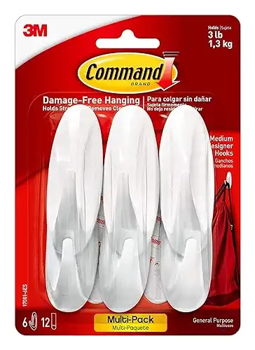 Command Designer Hooks, Medium, White, 6-Hooks (17081-6ES), Organize and decorate your dorm