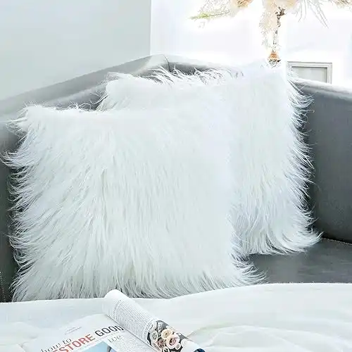 OurWarm Set of 2 White Fur Throw Pillows Fluffy Pillow Covers 18"x18", Faux Fur Pillow Covers Luxury Series Merino Style Decorative Pillows Case for Living Room Couch Bedroom Car Home Decor