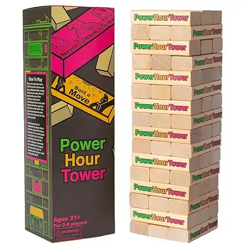 Power Hour Tower Party Game - Stacking Wooden Block for Adult Group Fun - Makes a Great Gift and Hilarious Activity
