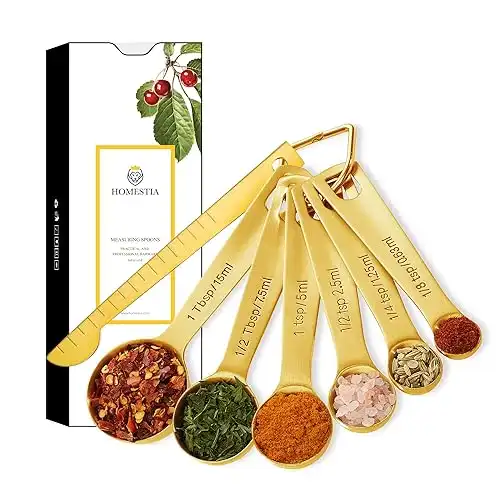 Gold Measuring Spoons Heavy Duty 18/8 Stainless Steel Measuring Set of 6 with Leveler includes: /8 tsp, 1/4 tsp, 1 tsp, 1/2 tbsp, 1 tbsp for Dry and Liquid Ingredients by Homestia