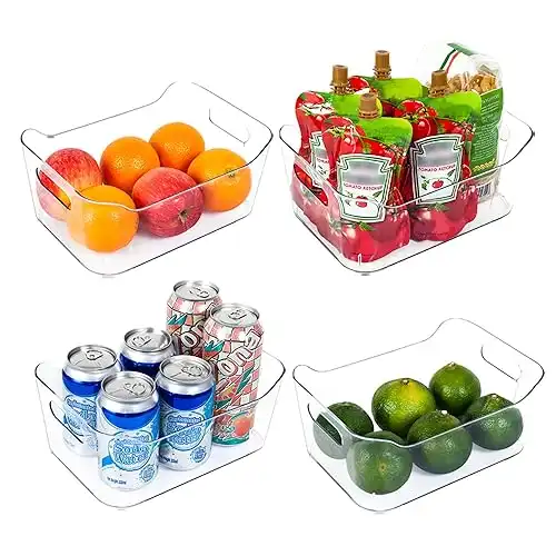 Vtopmart Refrigerator Organizer Bins 4 Pack - Clear Small Plastic Food Organizer with Handle for Fridge, Freezer, Cabinet, Kitchen Pantry Organization and Storage, BPA Free, 9.5" Long