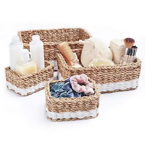 Woven Rectangle Seagrass Basket Set for Home - 4 Decorative Storage Baskets for Bathroom Organizing and Storage - Eco-Friendly Nesting Baskets with Cotton Dust Bag for Coastal and Beach Decor