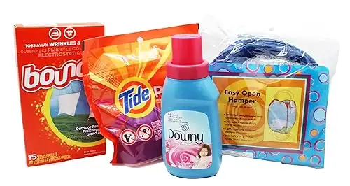 Dorm Room Laundry Kit with Tide Laundry Detergent Pods, Downy Softener, Dryer Sheets & Bonus Hamper