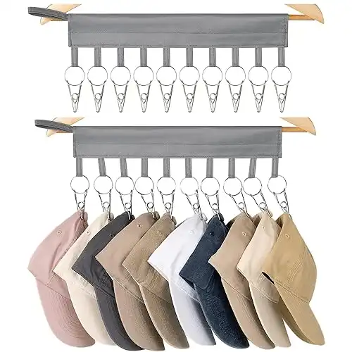 StorageWorks Hat Storage for Baseball Caps, Polyester Hat Organizer for Closets and Hangers, Hat Hanger Fits All Caps, Set of 2 Baseball Hat Racks with 10 Stainless Steel Clips, Gray