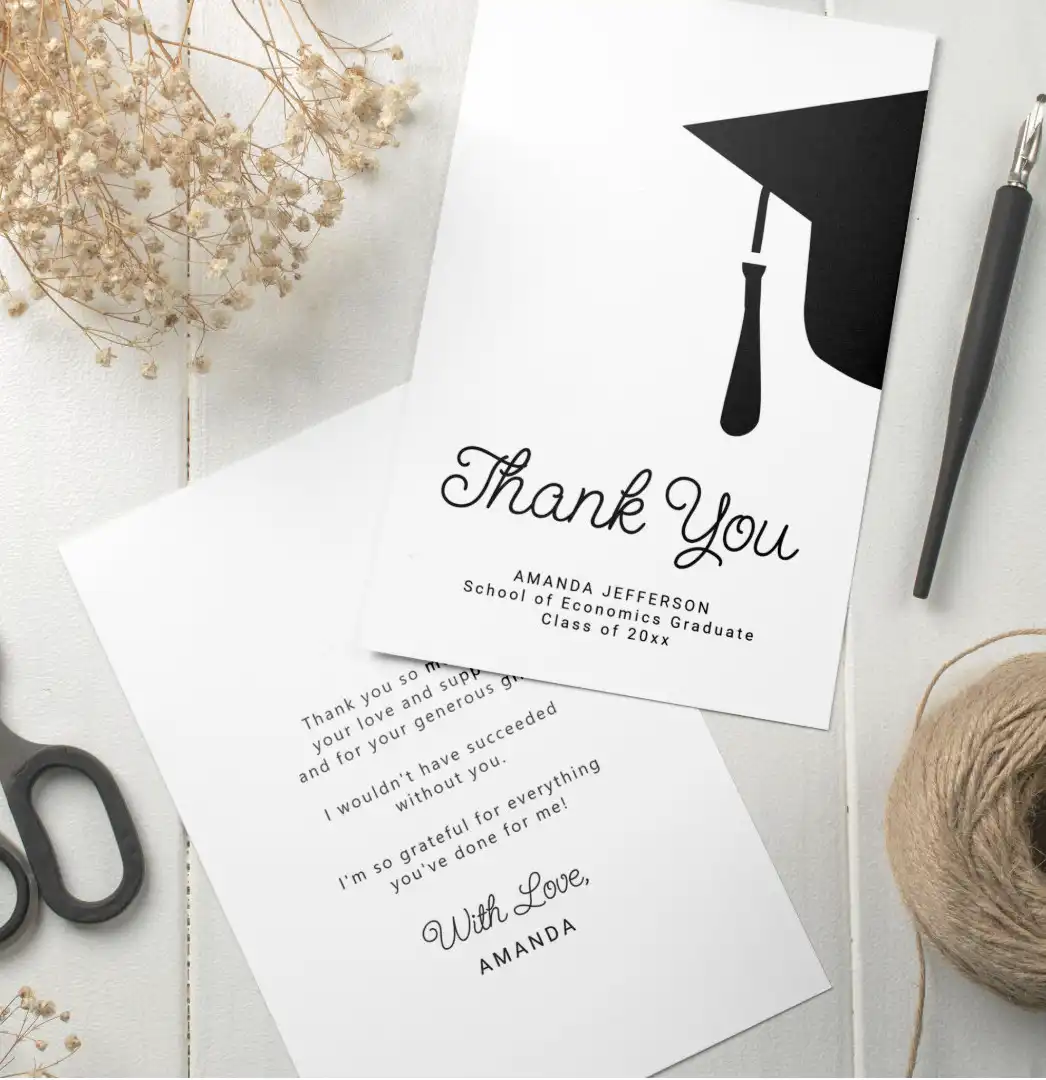 Simple Script Graduation Cap Personalized Thank You Card