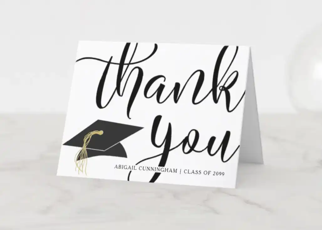 Handwritten Script Black and White Graduation Thank You Card | Zazzle