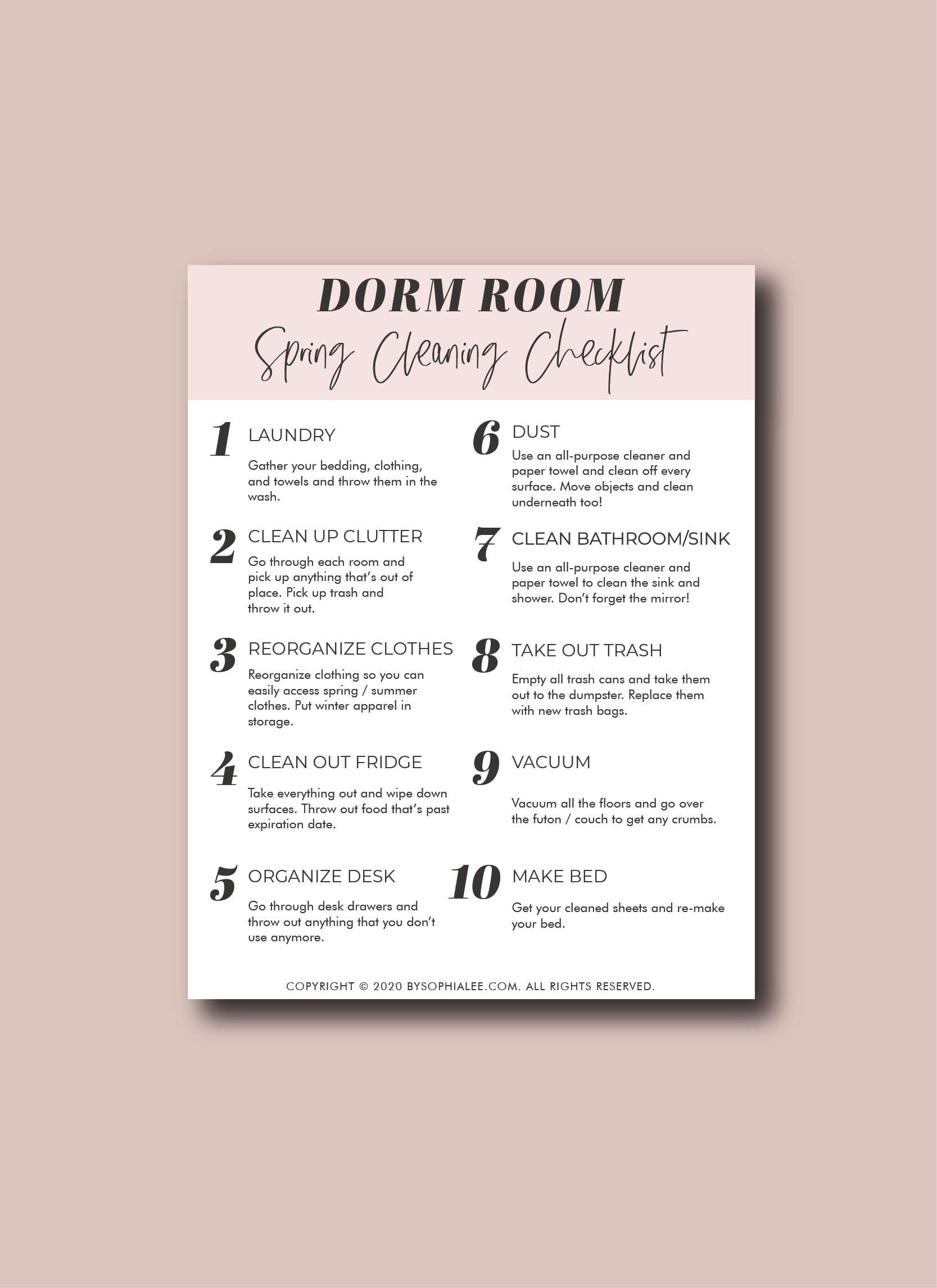 DORM SPRING CLEANING CHECKLIST - By Sophia Lee